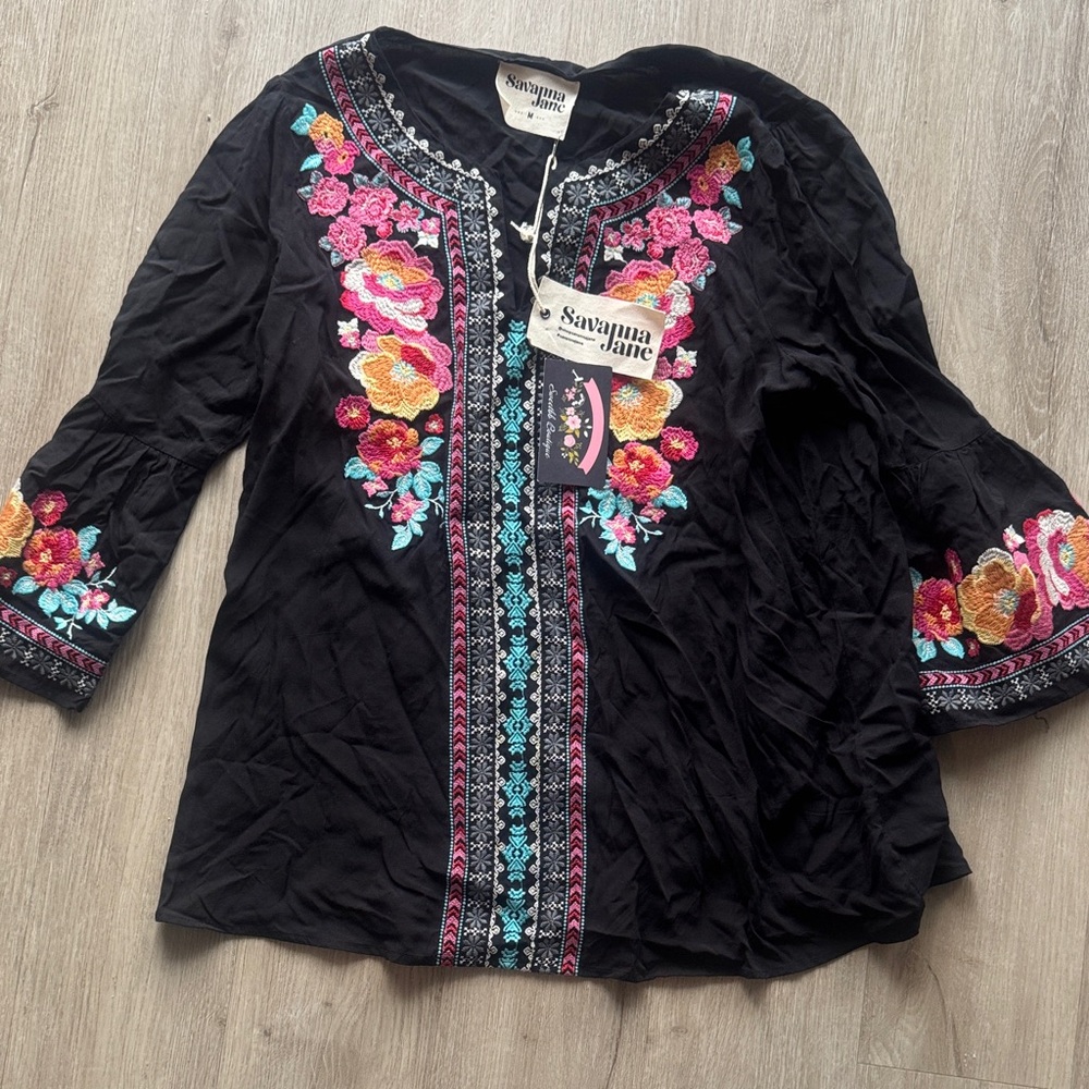 Savanna Jane Black Rayon Top with Pink and Orange Embroidery - Picture 3 of 8